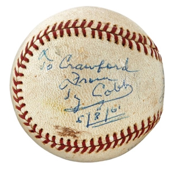 1961 Ty Cobb Signed and Inscribed "6/8/61" American League Harridge Baseball - One of the Last Balls Signed